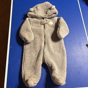 Baby Sherpa Long Sleeve Hooded Gray Jumpsuit Sz 3 months